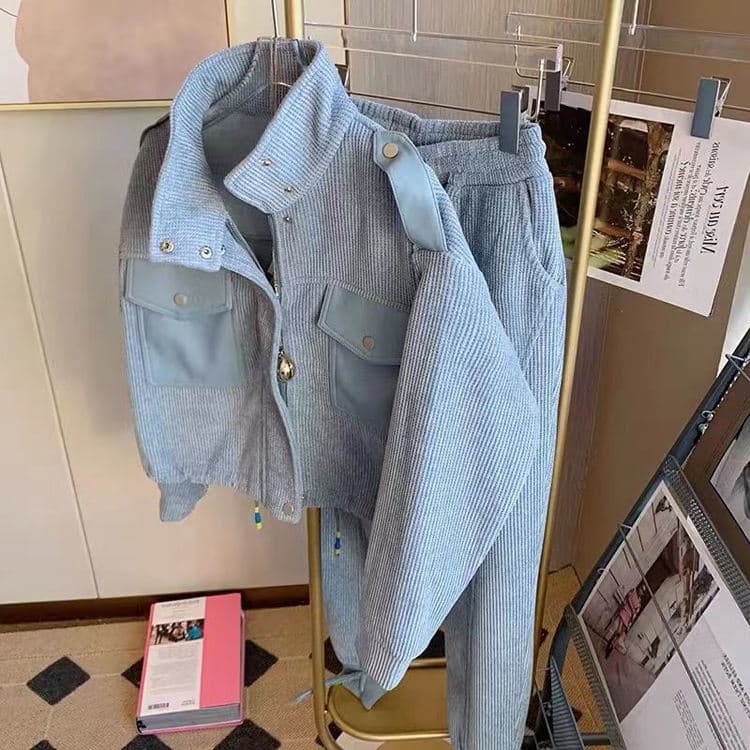 Two Piece Grey Sports Casual Suit for Women 2022 Autumn Winter Retro Fashion Casual Set