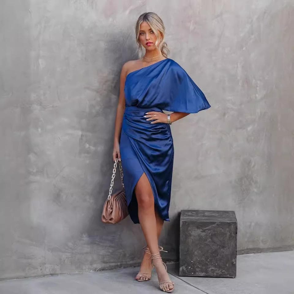 Irregular Design Party Dress Wholesale One Side Sleeve Dress Manufacturer Satin Fork Skirt Factory Directly