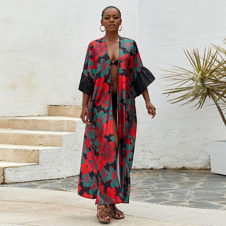 European Printed Robe Plus Size Kimono Vacation Dress Bikini Sunscreen Kaftan