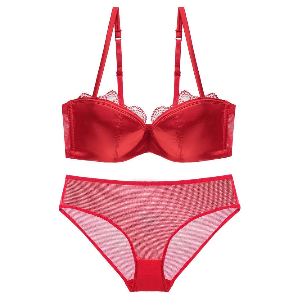 Sexy Lace Glossy Deep V Underwear Satin Thin Tube Top Half Cup Seamless Bra Set