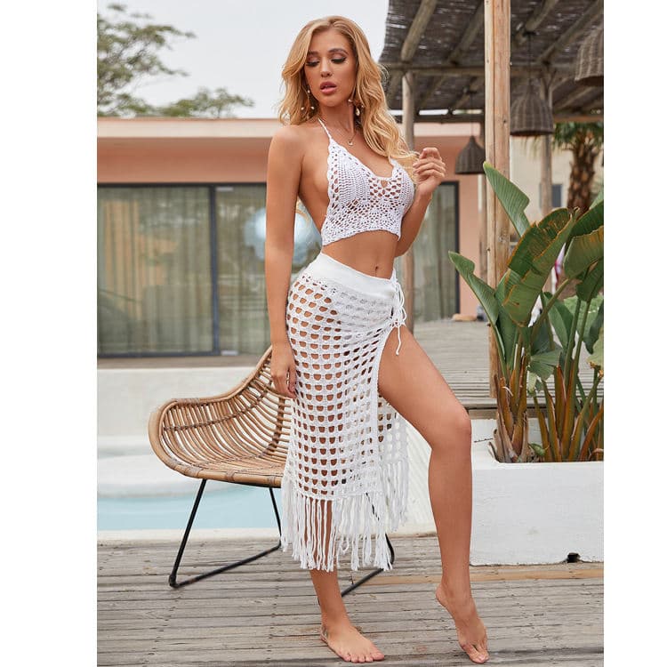 2022 Women Sexy Perspective Hollow Knit Skirt Slit Fringe Vacation Beach Skirt