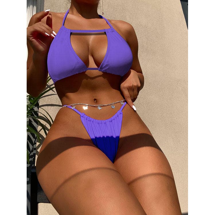 Purple Simple Ribbon Two Piece Beach Bikini Metal butterfly Decoration Micro Bikinis Sexy Lady Swimwear