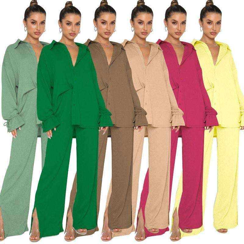 Ribbon Long Sleeve Shirt Factory Directly Fashion Casual Split Pants Manufacturer Loose Solid Color Long Pants Wholesale