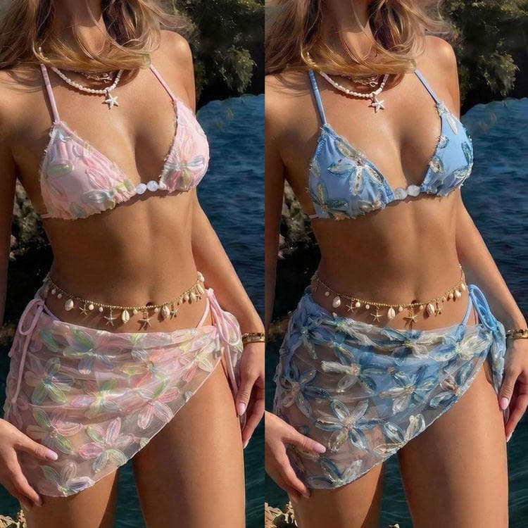 Embroidered Special Fabric Sexy Bikini 3 Piece Set 2026 New Backless Sheer Swimsuit Se Fashion Wholesale Swimwear