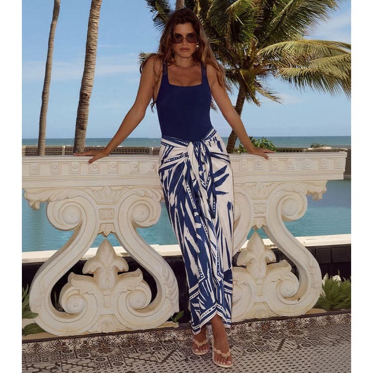 New Simple Bikini Set Navy Blue Square Neck Pleated One Piece Swimsuit Set for Women