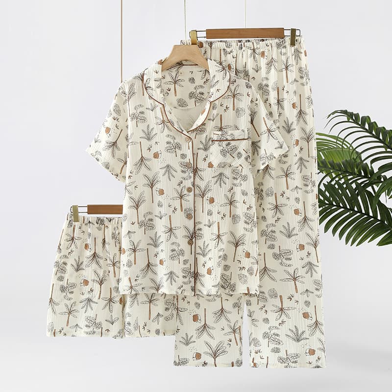 Crepe Trousers Factory Directly Pure Cotton Soft Lapel Pajamas Manufacturer Printed Pajamas Three Piece Set Wholesale