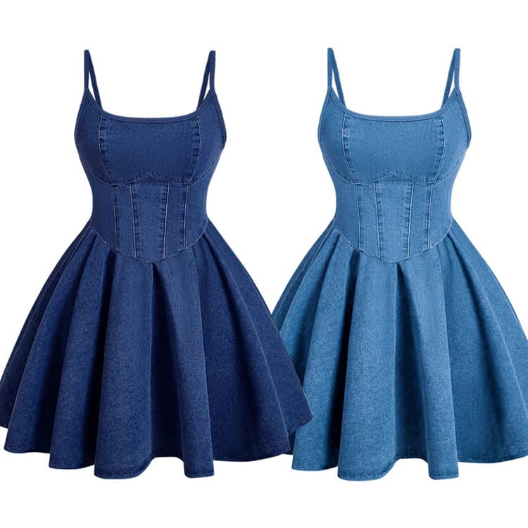 Wenshuo Denim Casual Dress Wholesale Solid Color Mini Skirt Custom logo Sleeveless a Line Skirt Factory Direct