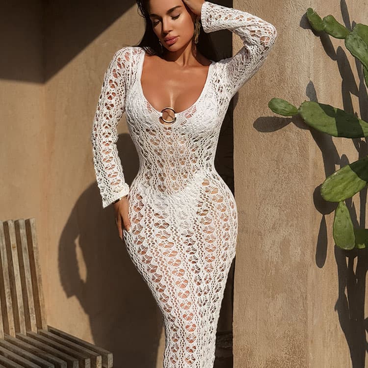 Ring Hollow Beach Dress Custom logo Slim Fit Long Sleeve Dress Wholesale Sexy Round Neck Knit Dress Factory Directly