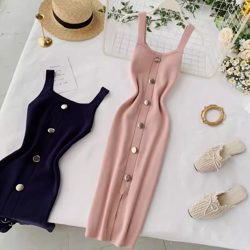 Summer Womens Fashion Dress Self Color Vent Button Skirt Sleeveless Halter square Collar Skirt Knit Dress