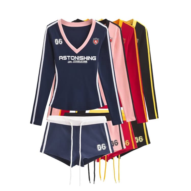 Stylish Sportswear Set Custom logo Long Sleeve Fitted Top Factory Direct Soft Drawstring Shorts Wholesale