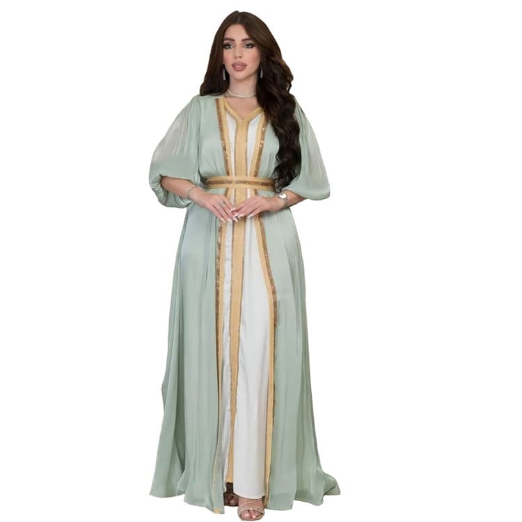 Dubai Abaya Evening Party Dress Middle East Sequin Embroidery V Neck Dress Muslim Traditional Clothing
