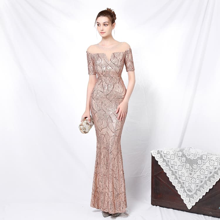 New Style Banquet Temperament Elegant Women Long Evening Dress Short Sleeve Sequins Queen Fishtail Evening Dress Diamond Collar