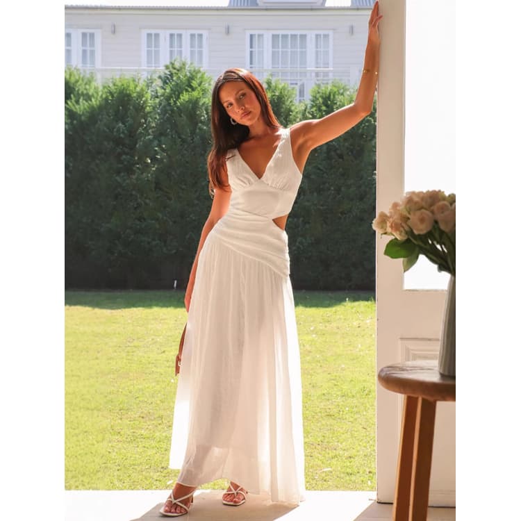 New Women V Neck Sleeveless Maxi Dress Side Cut Out Waist Two Tone Tiered Skirt Goddess Evening Dress