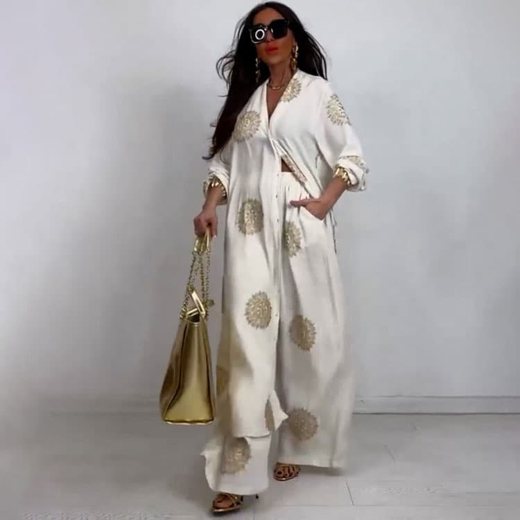 XS-3XL Loose Printed Suit Custom logo Long Sleeved V Neck Tunic Wholesale Smooth Soft Trousers Factory Direct