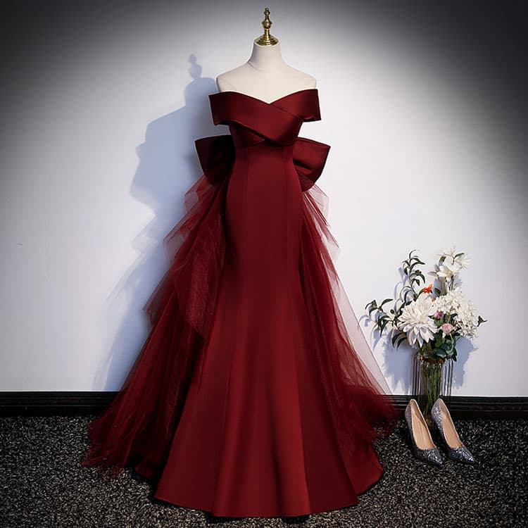 Burgundy Fishtail Skirt Custom logo Mesh Dinner Dress Factory Directly Designer Long Host Dress Wholesale