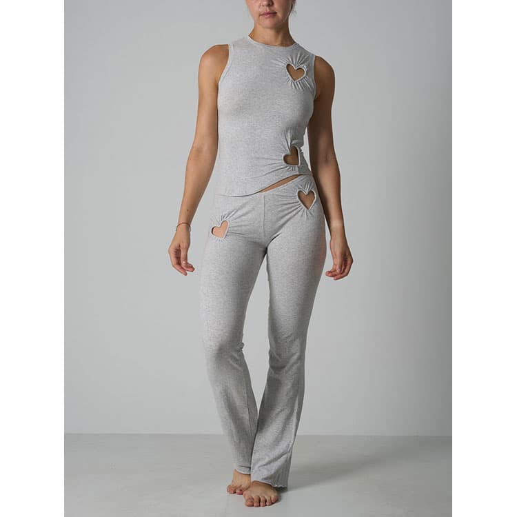 Elastic Hollow Women Suit Wholesale Sleeveless Round Neck Top Custom logo Slim Fit Solid Color Trousers Factory Direct