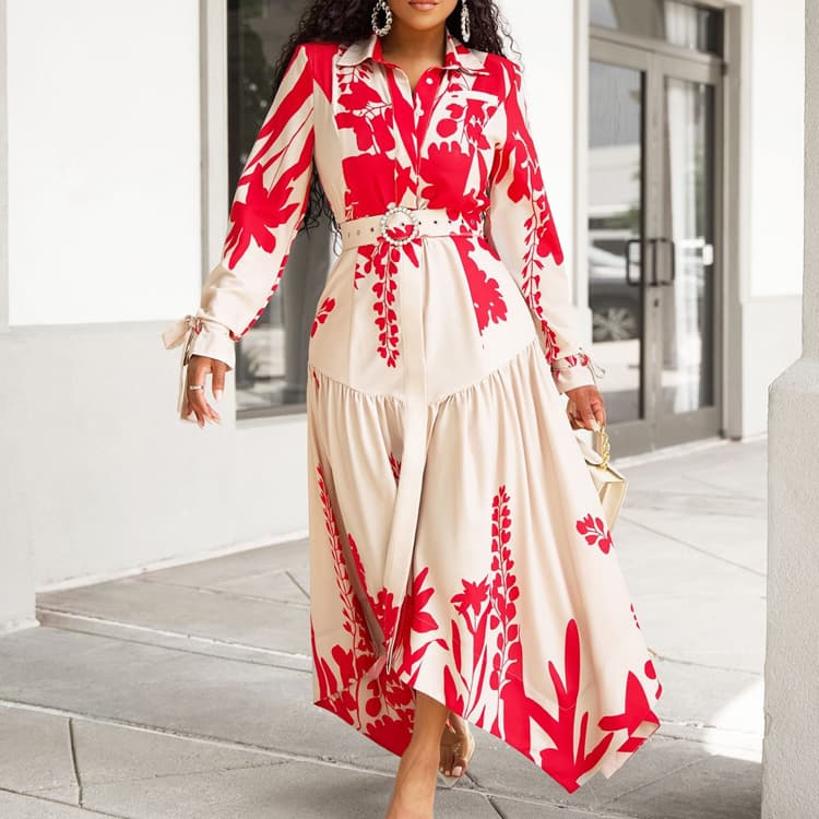 Printed Holiday Dress Women Summer New Long Sleeve Casual Dress Irregular Loose Plus Size Casual Dress With Belt