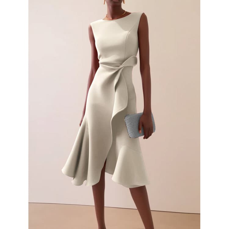 Wholesale Sleeveless Solid Color Women Midi Dress Irregular A-line Dress Elegant Round Neck Casual Dress