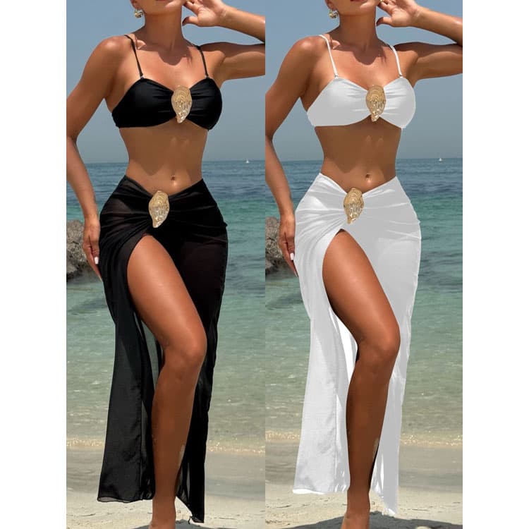 Solid Color Sexy Wholesale Bikini 3 Piece Set 2025 New Luxury Metal Accessory Swimsuit Ins Style Beach Suit