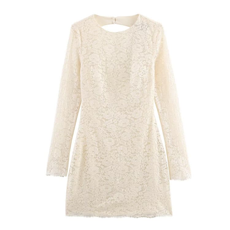 New Women Casual Dress Stylish and Fashion Lace Short Dress with Hollow Back Long Sleeve Sexy Solid Color Casual Dress.