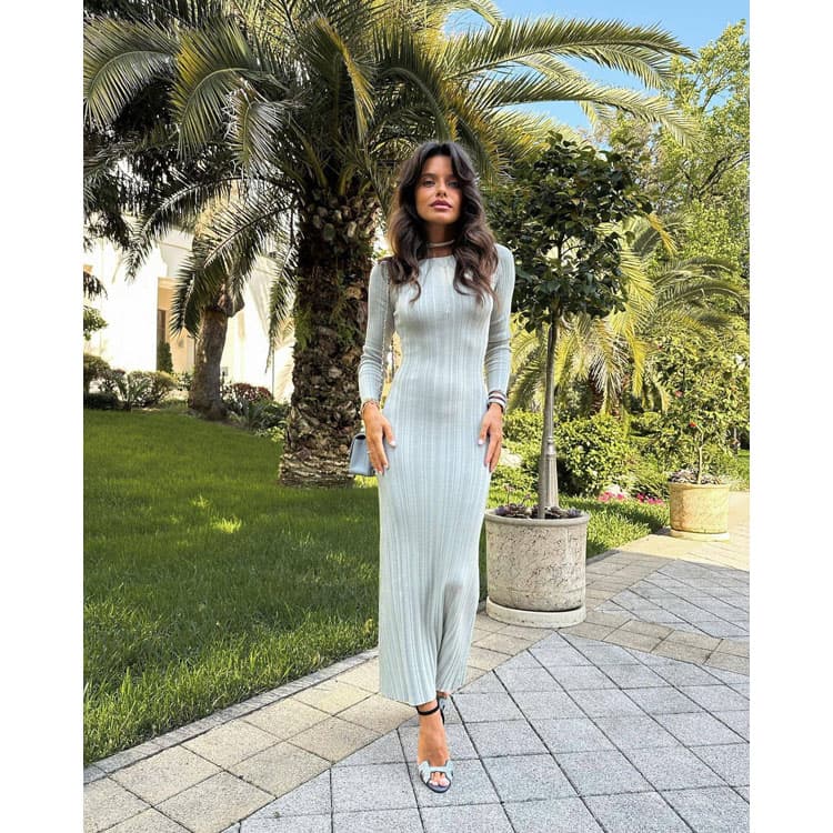 2025 New Autumn Women Elegant Rib Knit Dress Crew Collar Long Ruffles Dress Long Sleeve Solid Bodycon Slim Dress