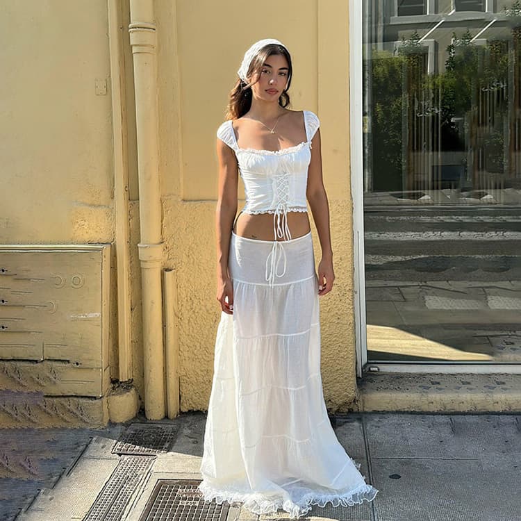2 Piece Women French Chic Lace Dress Sets Short Sleeve Corset Crop Tops Ruffle Dress Retro Sexy