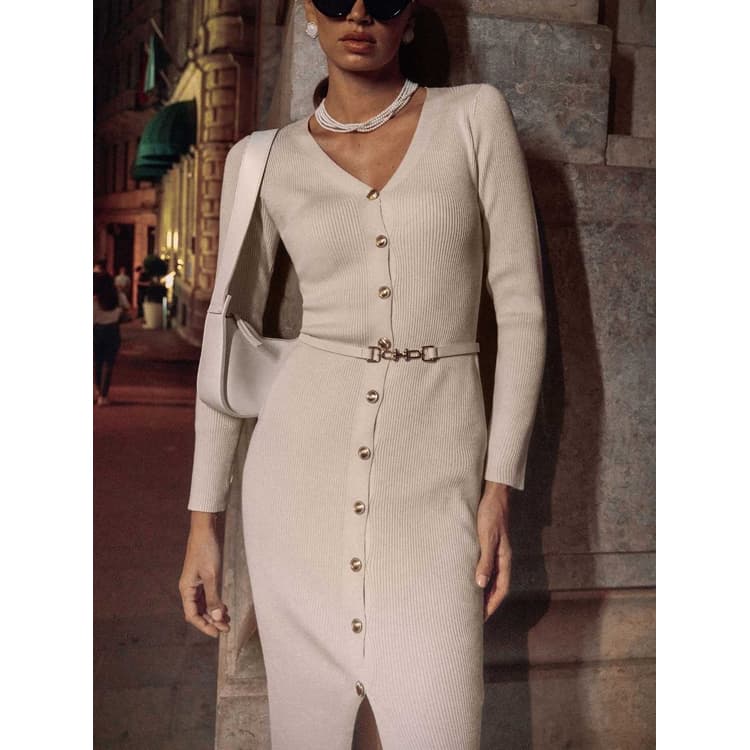 2025 Long Sleeve Knitted Dress Button Slit 2025 Hip Wrapped Sweater Cardigan Solid Color Women Knit Dress