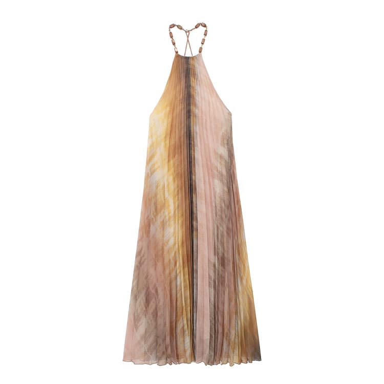 New Summer Women Tie Dye Print Holiday Dress Halter Neck Pleated Dress Stone Strap Backless Beach Dress