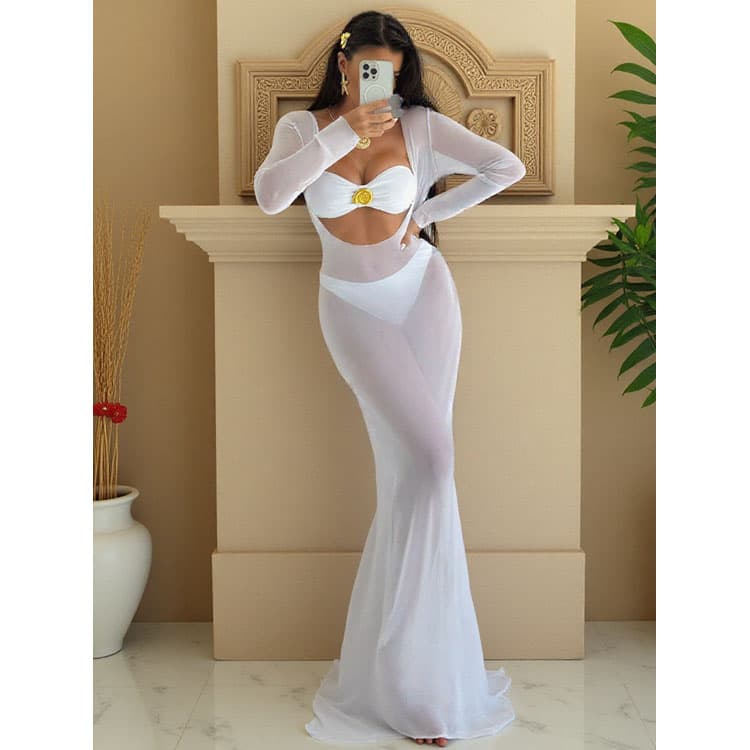 Solid White Sexy Bikini 3 Piece Set Sexy Fashion 2026 New Design Beach Swimsuit with See Through Dress