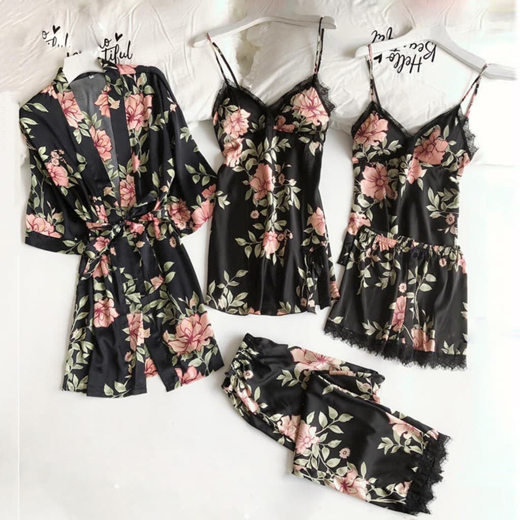 S-3XL Lace Robe Set Wholesale Printed Suspender Pajamas Manufacturer Loose Pajamas Five Piece Set Factory Directly