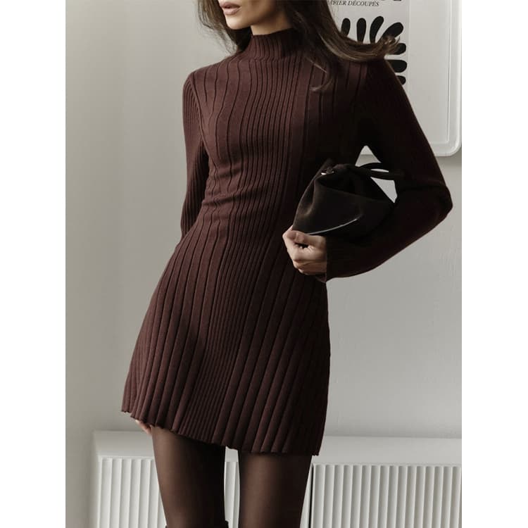 Wholesale Solid Color Elegant Knit Dresses Long Sleeve Half High Neck Knit A-Line Dress for Women