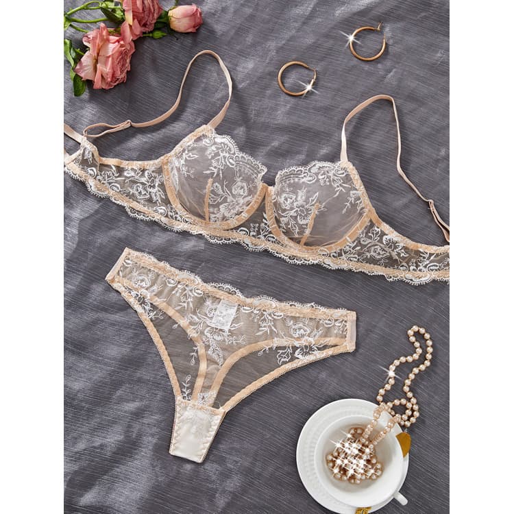 Wenshuo Mesh Sexy Lingerie Custom logo Sheer Lace Lingerie Factory Direct Floral Embroidered Lingerie Wholesale
