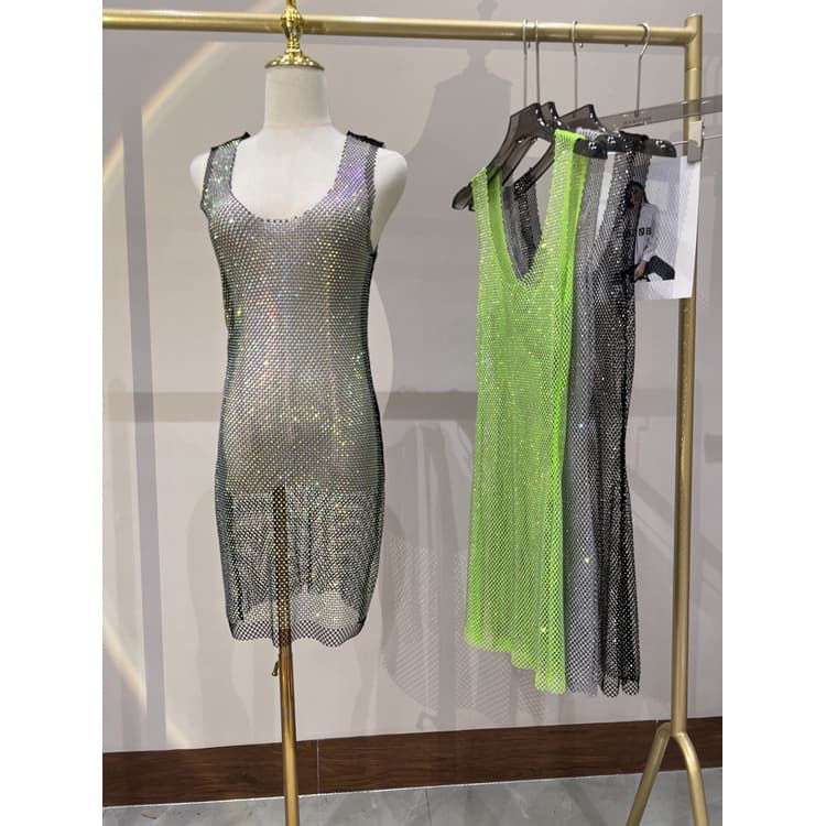 Sleeveless Sexy Neck Dress Wholesale Sparkling Mesh Mini Dress Custom logo Sheer V Neck Dress Factory Direct