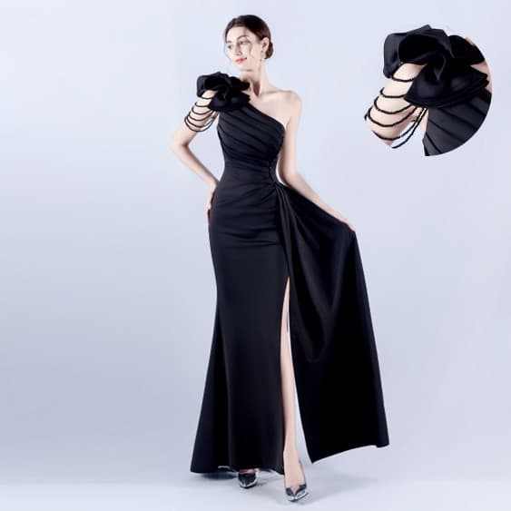 Pleated evening dress wholesale Off shoulder slim dress custom logo Flower high end evening dress factory directly