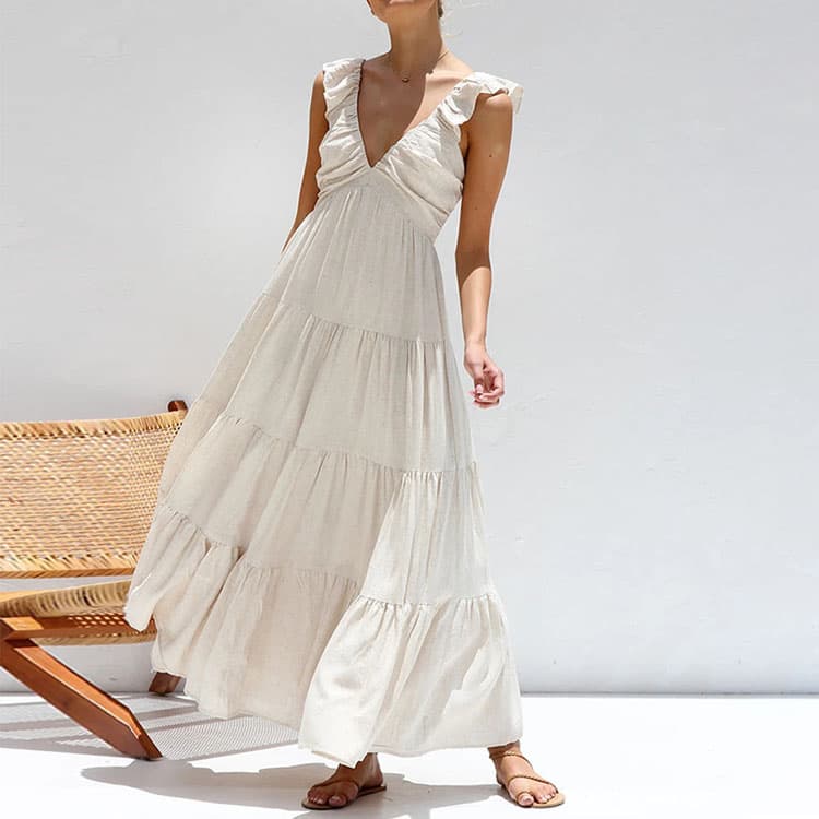 2026 Women Holiday Dress V Neck Sexy Cotton Sleeveless Solid Color Camisole Vacation Beach Dress Ruffle Backless Dress