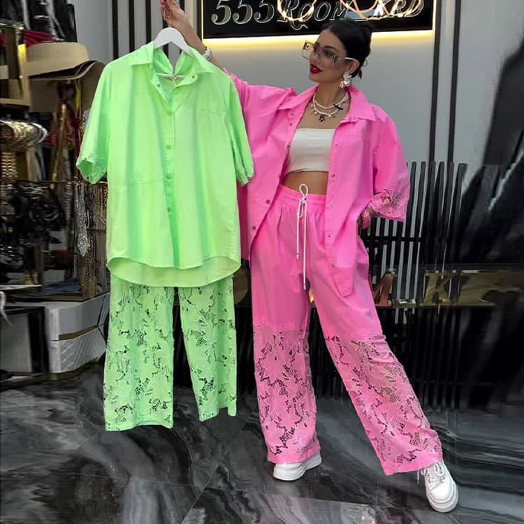 Fashion Lace Suit Factory Direct Short Sleeve Lapel Top Custom logo Hollow Floral Trousers Wholesale