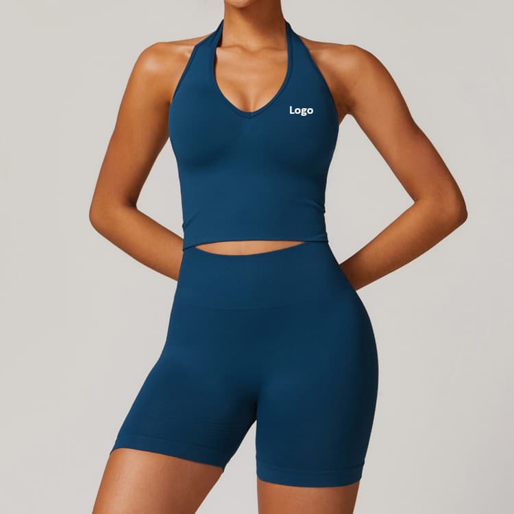 Factory Directly Free Logo Fitness Gym Wear Seamless Halter Bra and Shorts 2 Piece Yoga Set