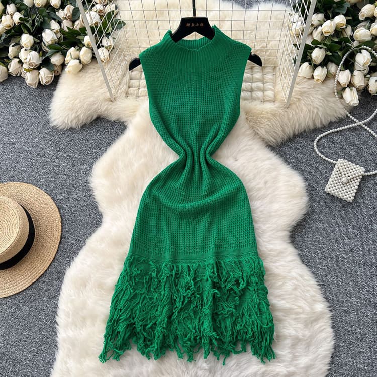 Simple Sleeveless Knitted Dress for Women in Summer Raw Edge Slim Women Knit Dress Solid Color Casual Dress