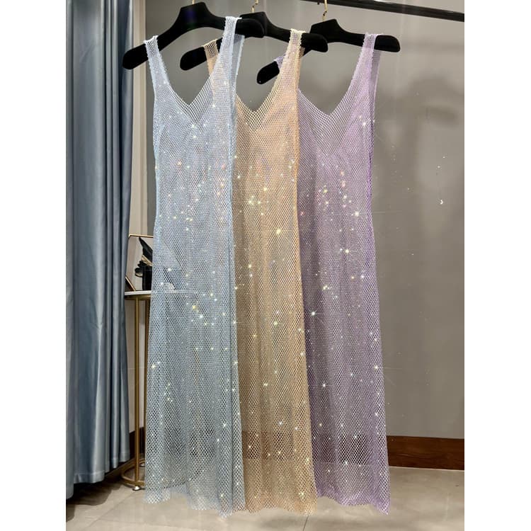 Sparkling Rhinestone Dress Wholesale Mesh Maxi Dress Custom logo Sheer V Neck Dress Factory Direct