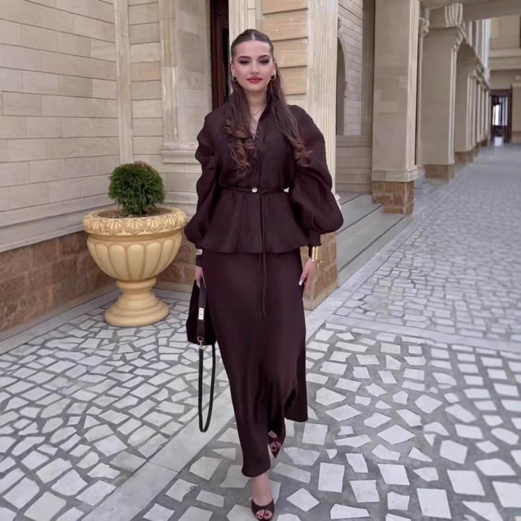 Solid Color Dress Set Wholesale Lantern Sleeve Top Custom logo Drawstring Maxi Skirt Factory Direct