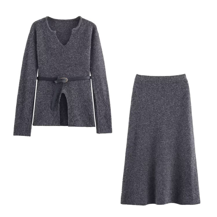 Stylish Knitted Dress Wholesale Set Simple Long Sleeve Top Custom logo Solid Color Long Skirt Factory Direct