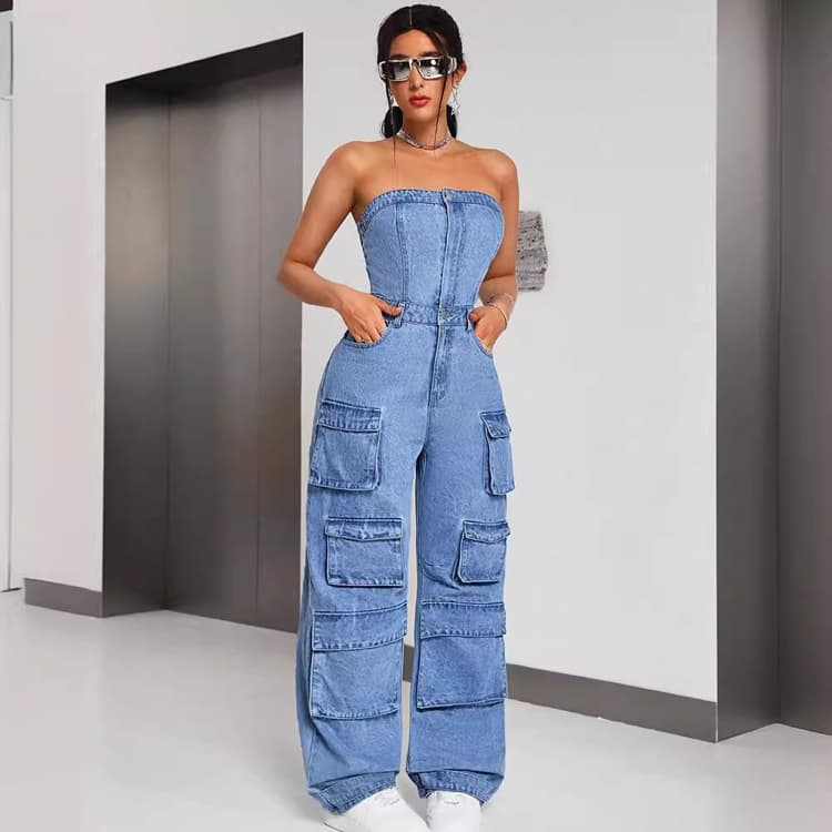 Wholesale Denim Jumpsuit Fashionable Hot Girl Jeans Strapless Multi Pocket Workwear Jumpsuit Jeans