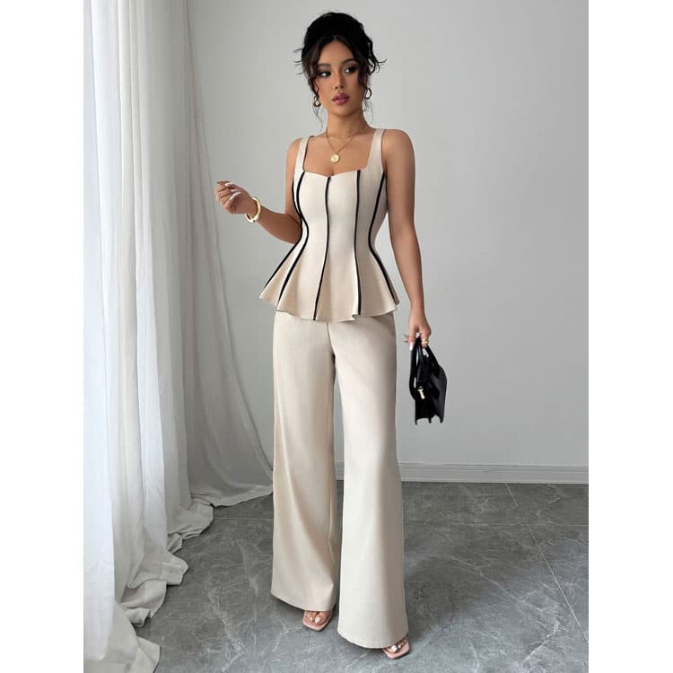 Sleeveless slip Top Wholesale Pleated Women Set Custom logo Loose Straight Pants Factory Directly