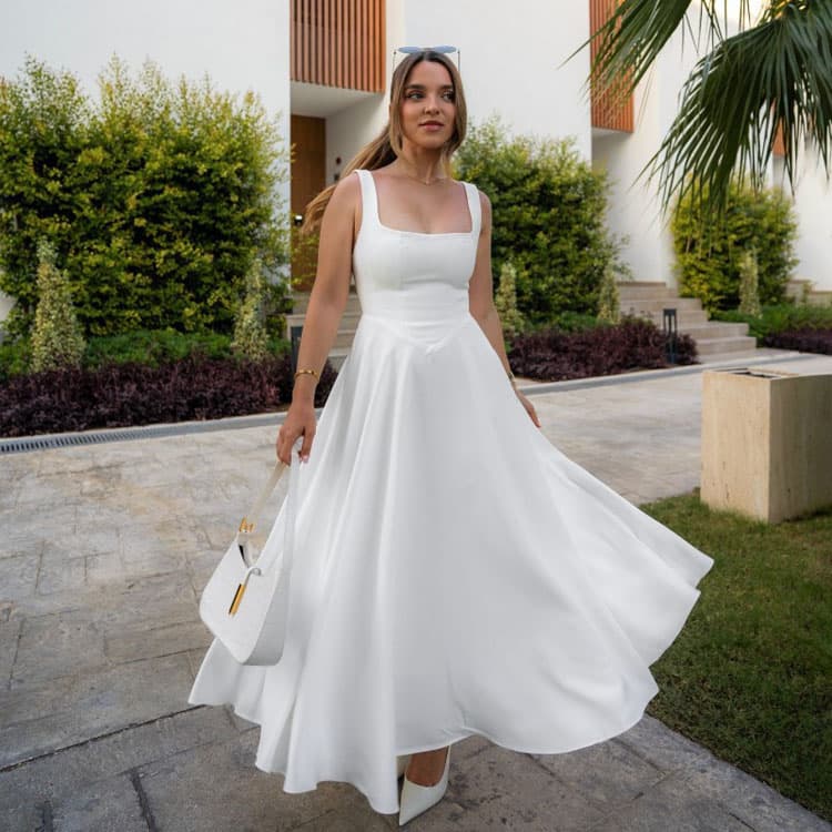 Solid Color Casual Dress Factory Direct Fashion Design Maxi Dress Custom logo Sleeveless square Collar Dress Wholesale