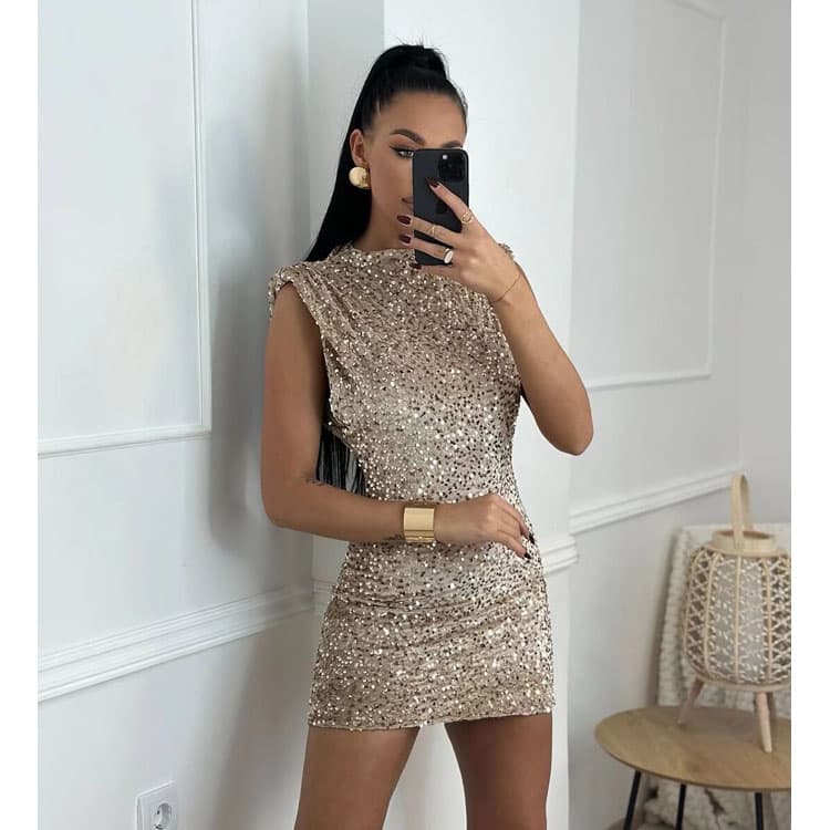 Sequined Shimmering Dress Custom logo Sleeveless Round Neck Dress Wholesale Stylish Sexy Evening Dress Factory Direct