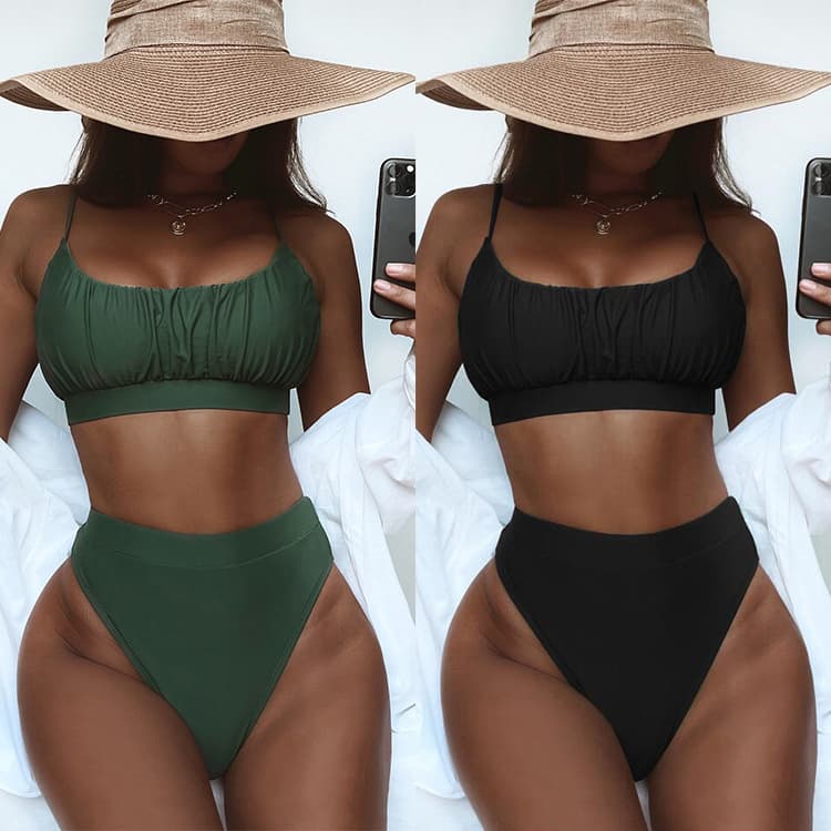 Wholesale Two Piece Swimwear Sexy Pleated Design Swimsuit Solid Color High Waist Bikini