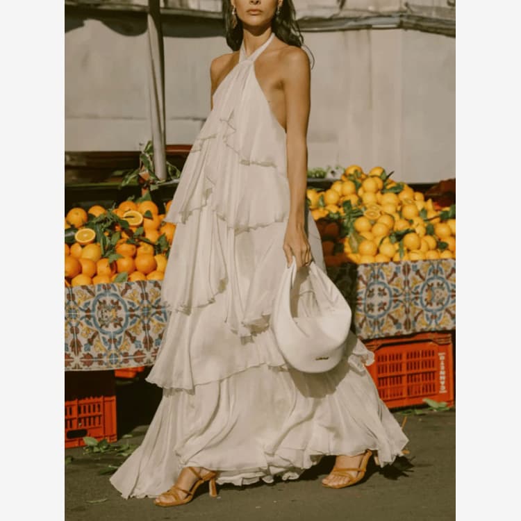 Wenshuo Solid Color Mesh Dress Wholesale Halter Backless Dress Custom logo Loose Long Tiered Skirt Factory Direct