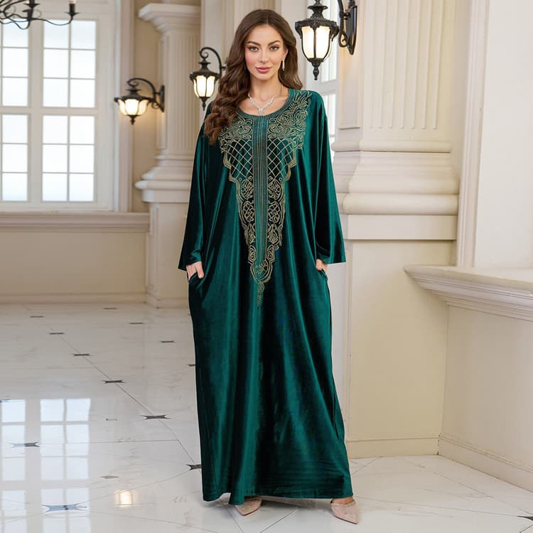 Women Embroidered Velvet Kimono Dress Luxury Beach Cover up Robe with Pockets for Resort Vacation