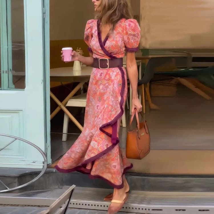 Christmas Vintage Bohemian Maxi Dress High Quality Floral Print Vacation Dress Asymmetric Hem, Elegant Long Boho Gown