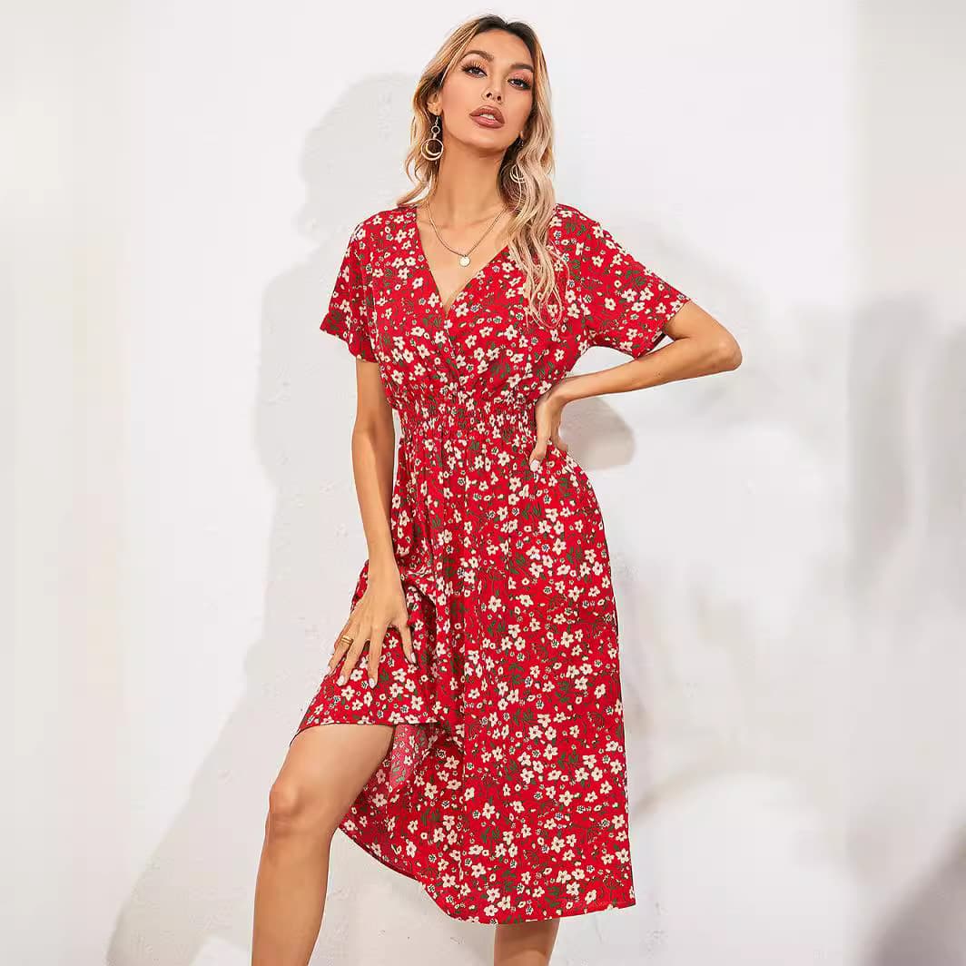 Floral Beach Dress Wholesale Short Sleeved Dress Manufacturer V Neck Short Dress Factory Directly